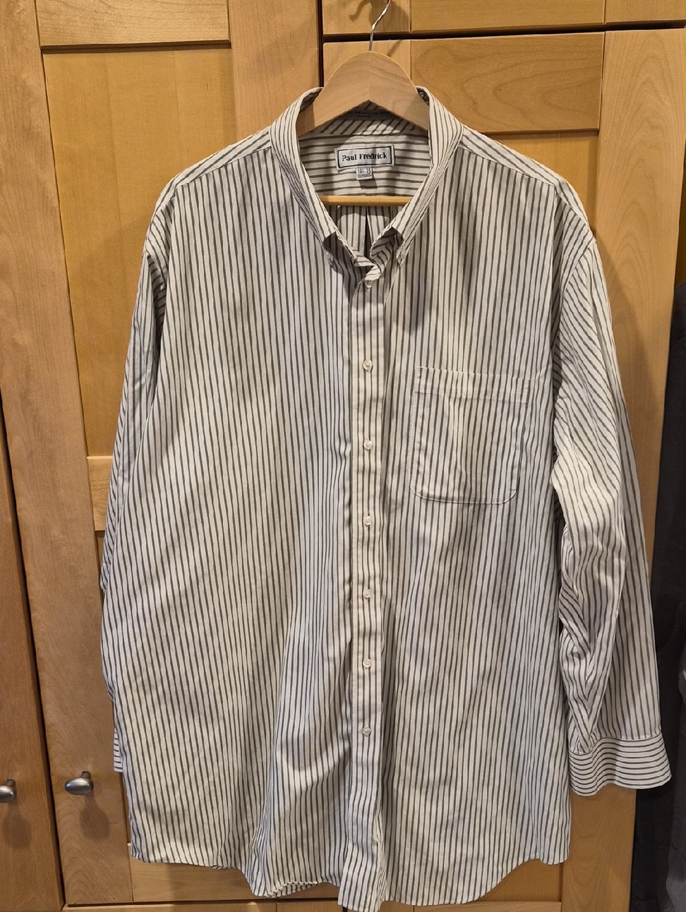 Paul Fredrick White Shirt with Green Pinstripes - Button-Down Dress Shirt